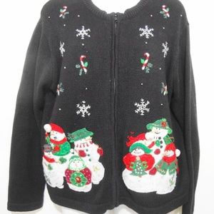 Ugly Christmas Sweater Petite PL Applique Snowmen Tiara Zip-Front Cardigan